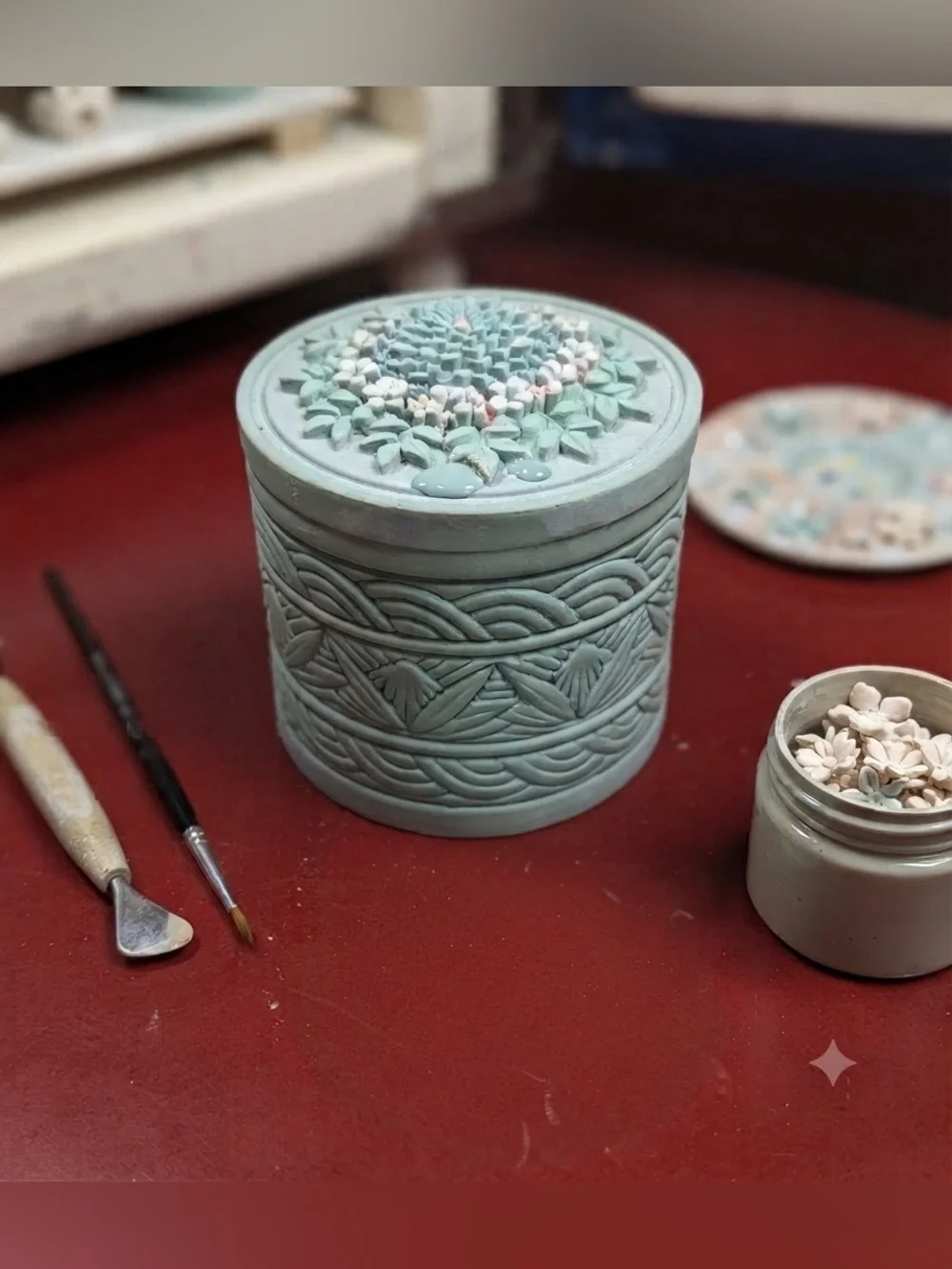 Alby Crafts Floral Decorated Blue Green Ceramic Jewelry Box With Lid